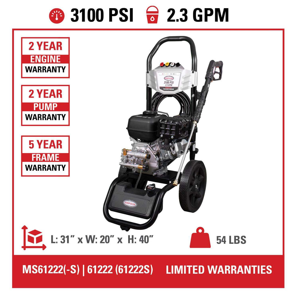  Simpson MegaShot MS61222 CRX 3100 Psi Gas 2.3 Gpm Pressure Washer