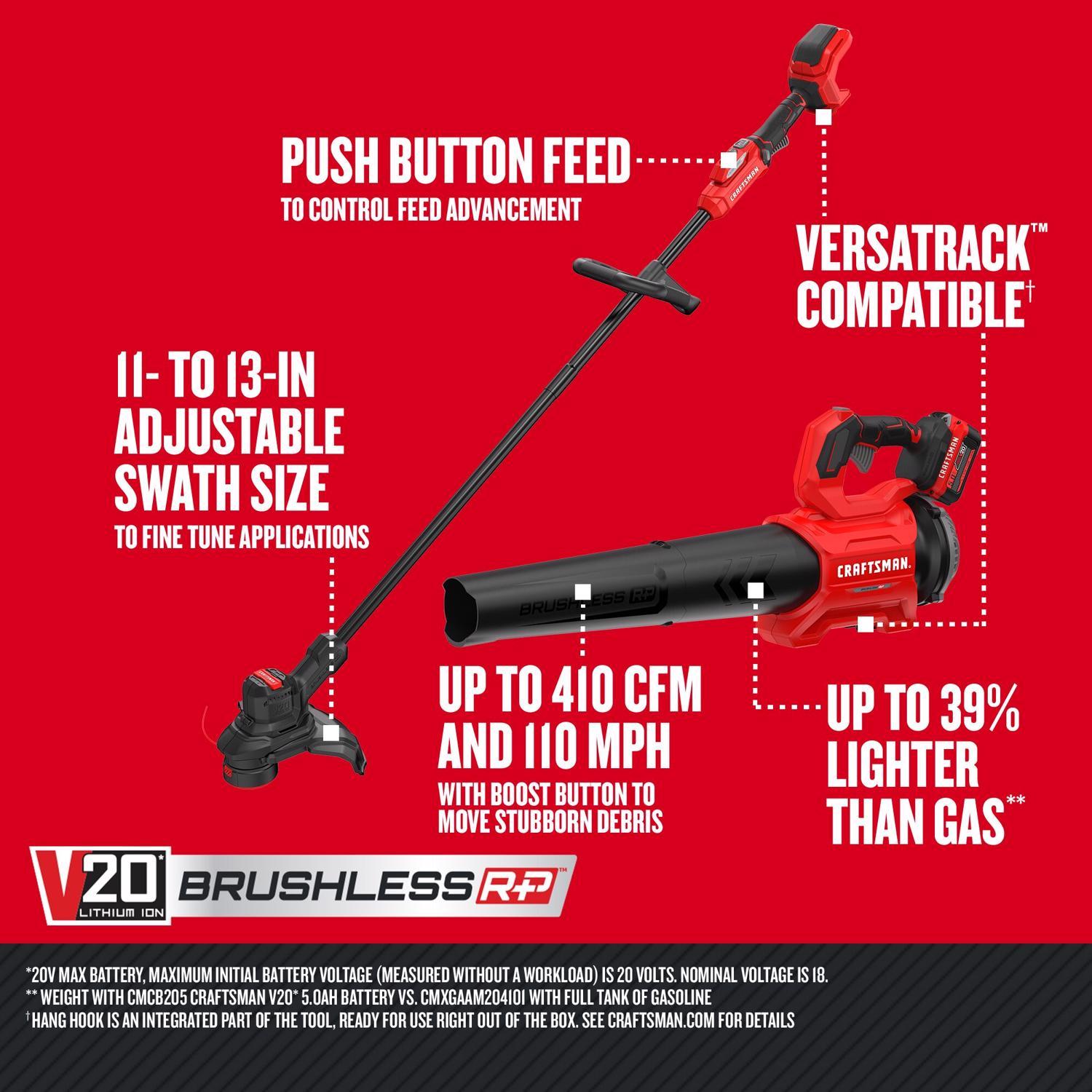  Craftsman V20 BRUSHLESS RP CMCK497P1 13 In. 20 V Battery Blower/Trimmer Kit (Battery & Charger)