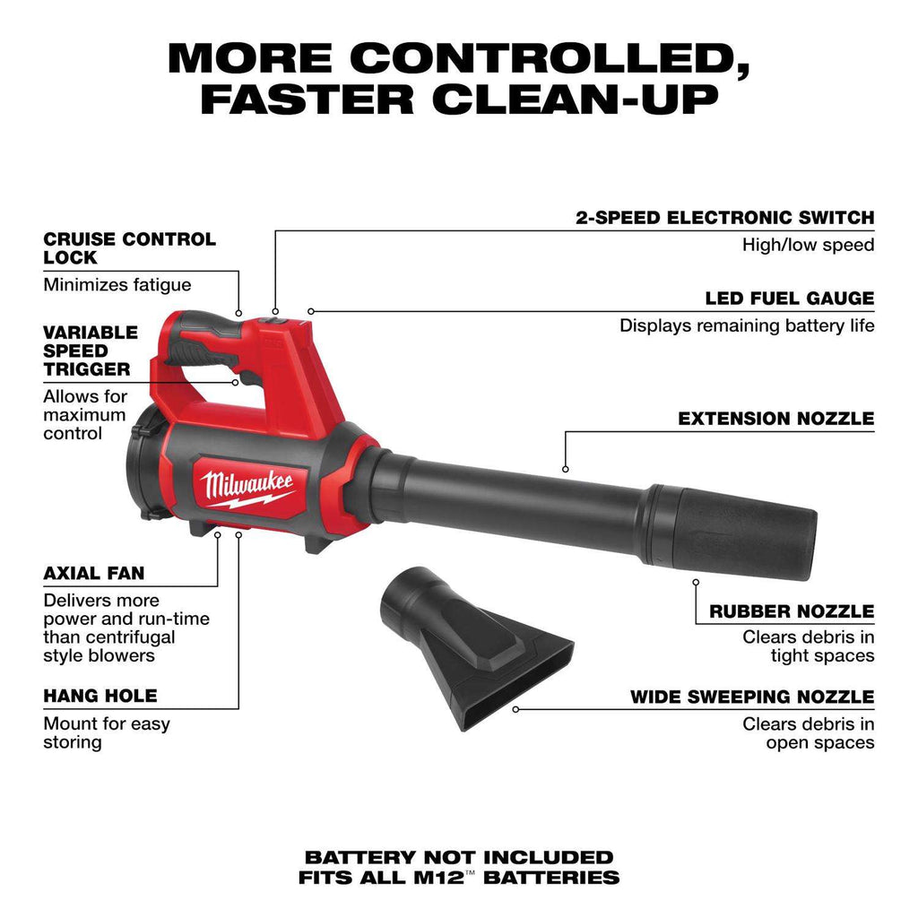 Milwaukee Tool M12 0852-20 110 Mph 175 CFM 12 V Battery Handheld Leaf Blower Tool Only