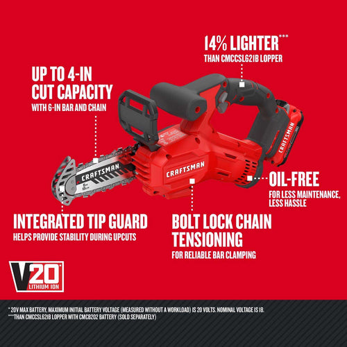  Craftsman V20 CMCCS320D1 6 In. Battery Pruning Saw Kit (Battery & Charger)