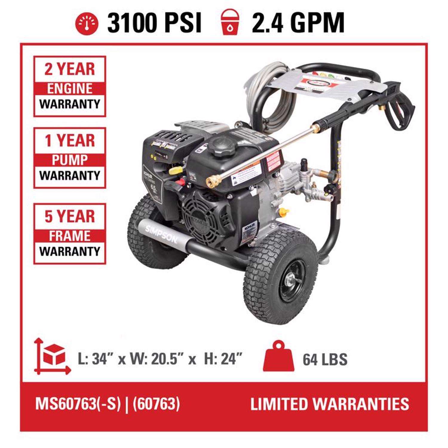  Simpson Megashot MS60763-S Kohler 3100 Psi Gas 2.4 Gpm Pressure Washer