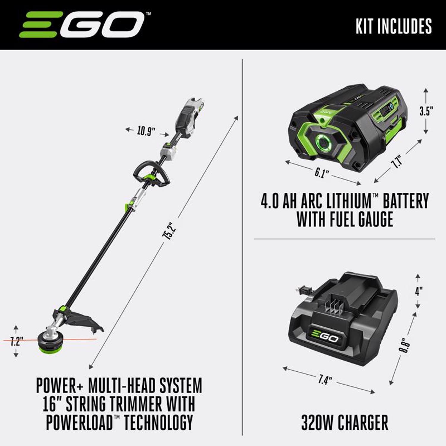  EGO Power+ Multi-Head System Carbon Fiber MST1603 16 In. 56 V Battery String Trimmer Kit (Battery & CHARGER) W/ 4.0AH BATTERY