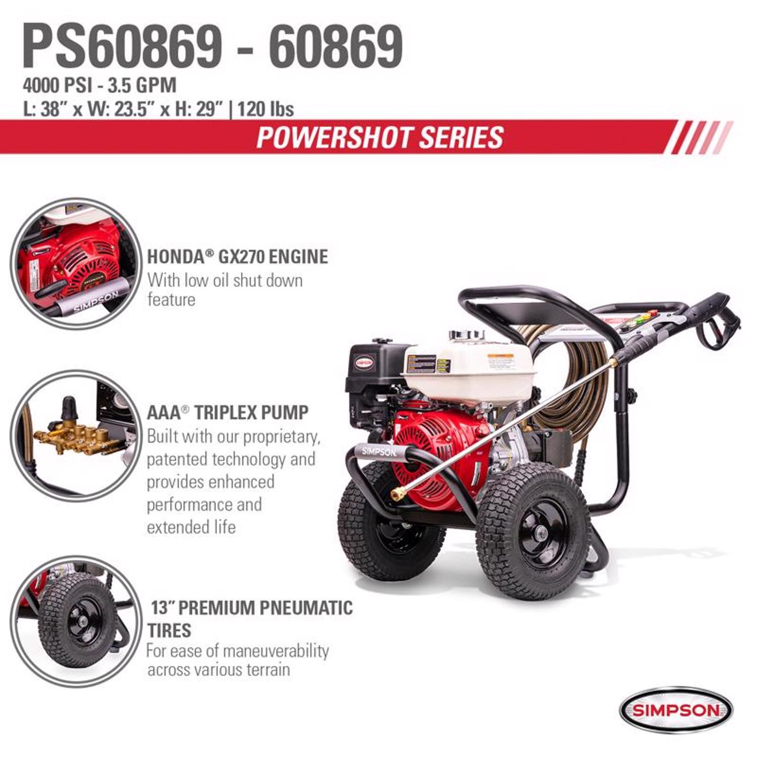  Simpson PowerShot PS60869 Honda 4000 Psi Gas 3.5 Gpm Pressure Washer